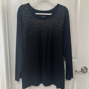 Liz & Me Catherines Black Long Sleeve Studded Embellished Top 2X 22/24W RN99249